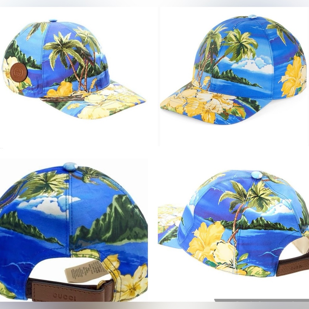 GUCCI TROPICAL FUN SUMMER BASEBALL CAP, COTTON WITH ADJUSTABLE LEATHER CLOSURE - Picture 5 of 14